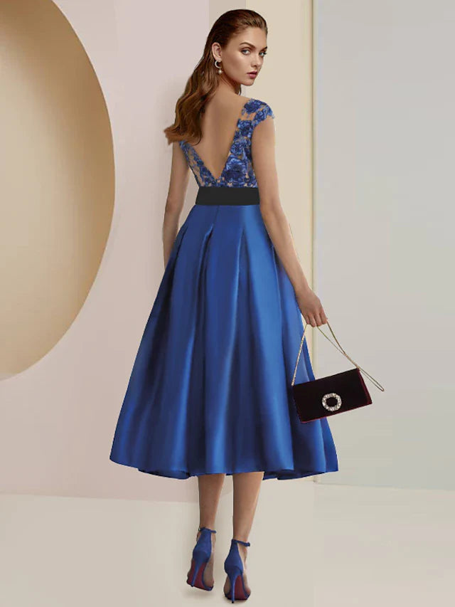 Wholesale A-Line Mother of the Bride Dress Formal Wedding Guest Party Elegant Scoop Neck Tea Length Satin Lace Cap Sleeve with Pleats Appliques